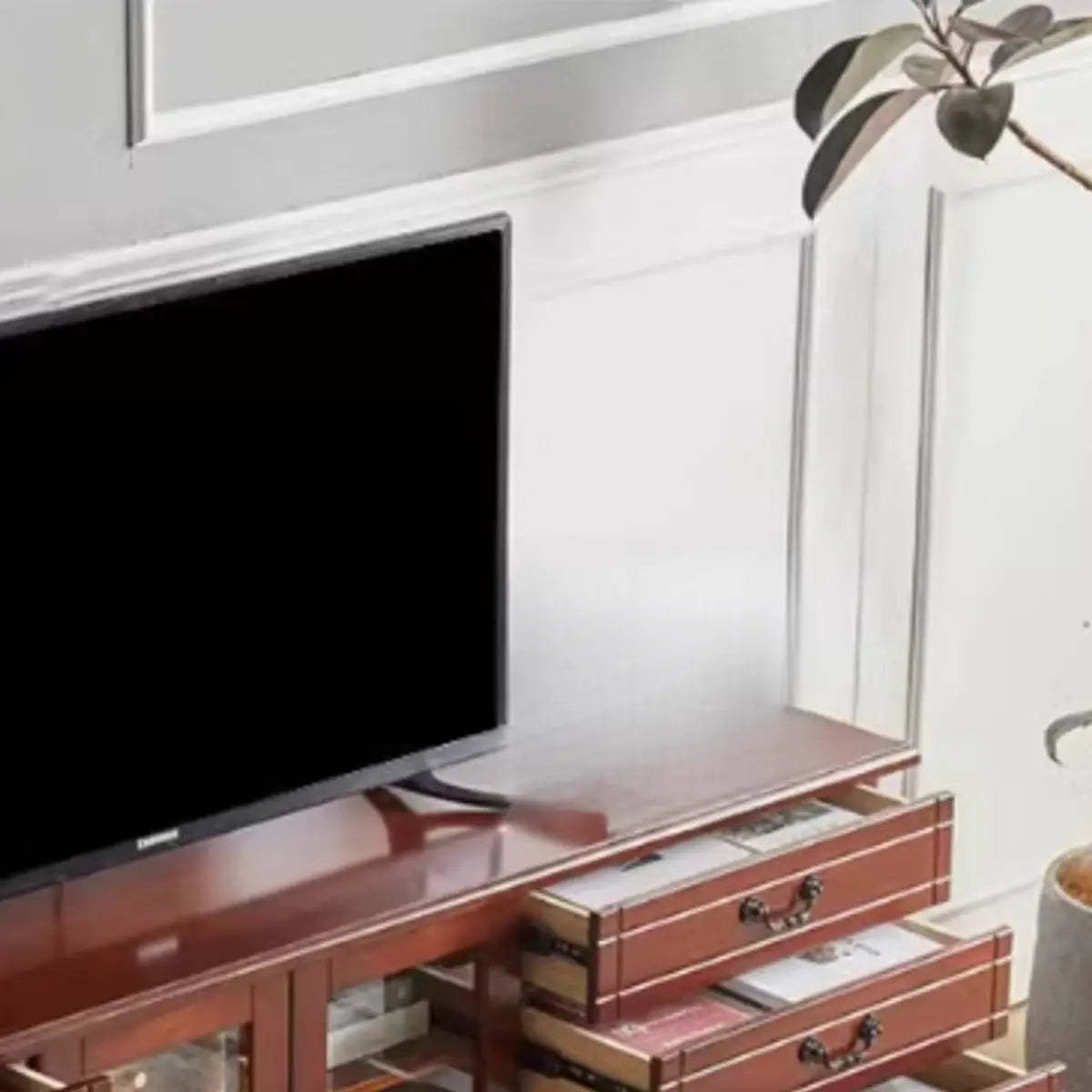 Cream Wood Rectangular TV Stand with Drawers — White