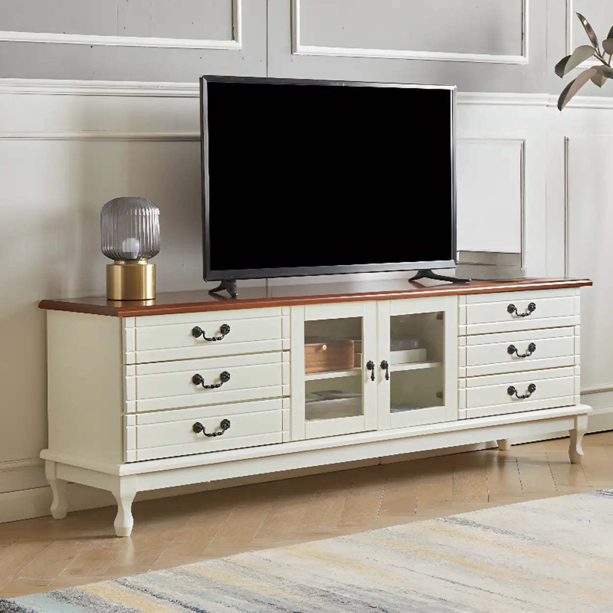 Cream Wood Rectangular TV Stand with Drawers — Coffee