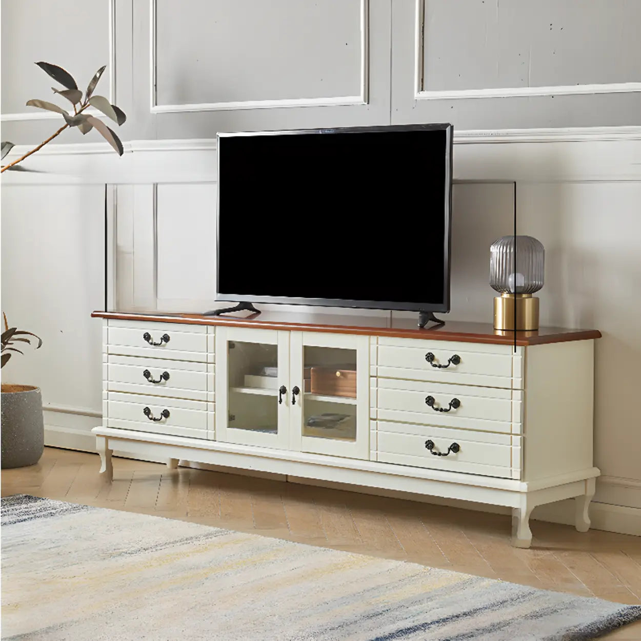 Cream Wood Rectangular TV Stand with Drawers — Coffee