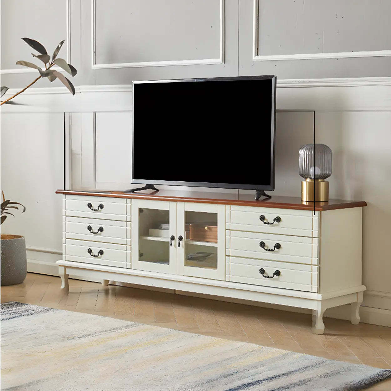 Cream Wood Rectangular TV Stand with Drawers — Coffee