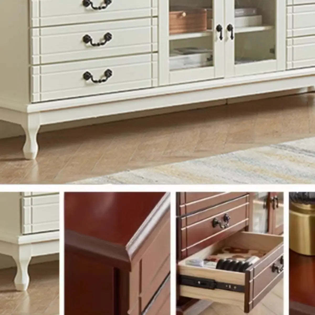 Cream Wood Rectangular TV Stand with Drawers — White