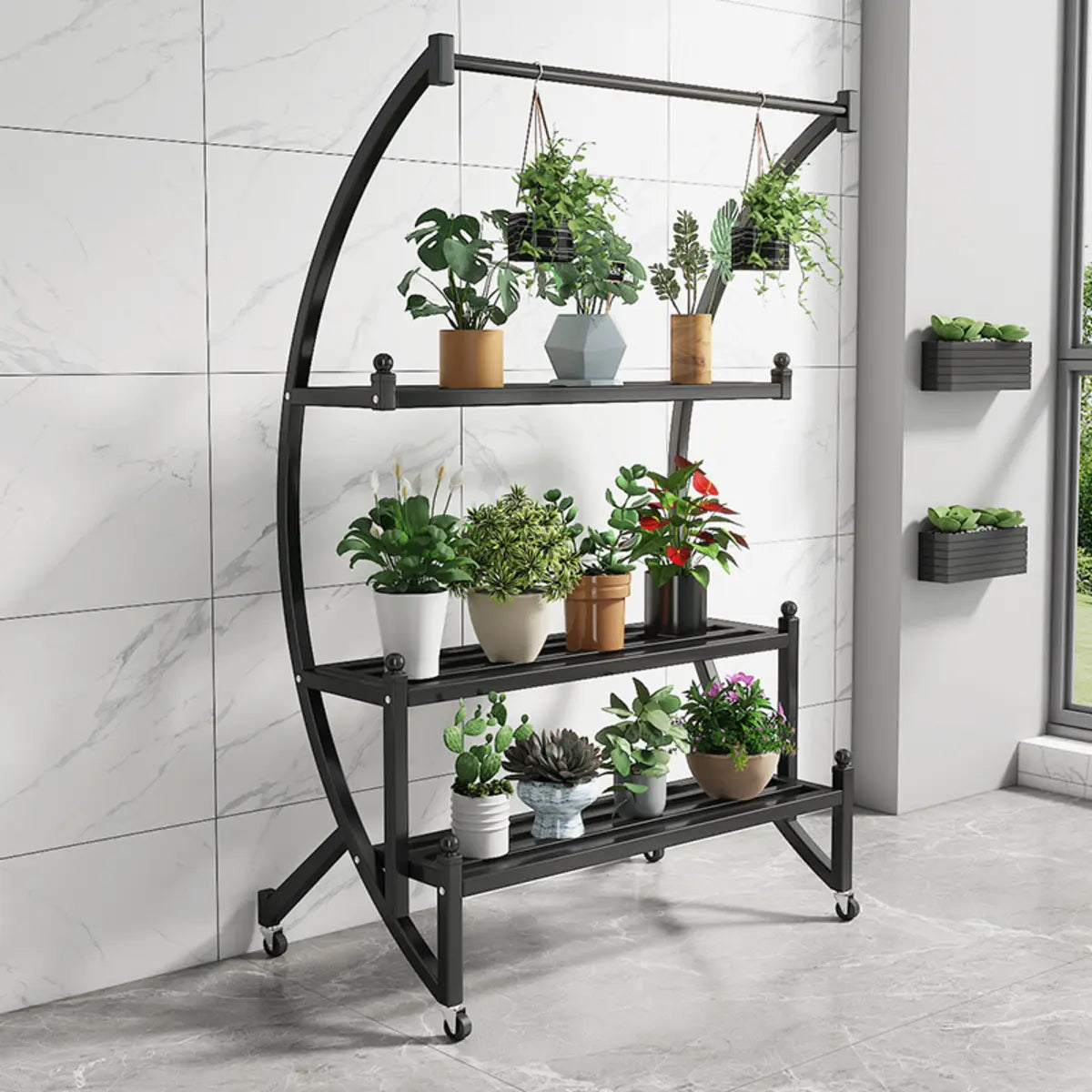 Arched Black Metal Sliding Indoor Plant Stand