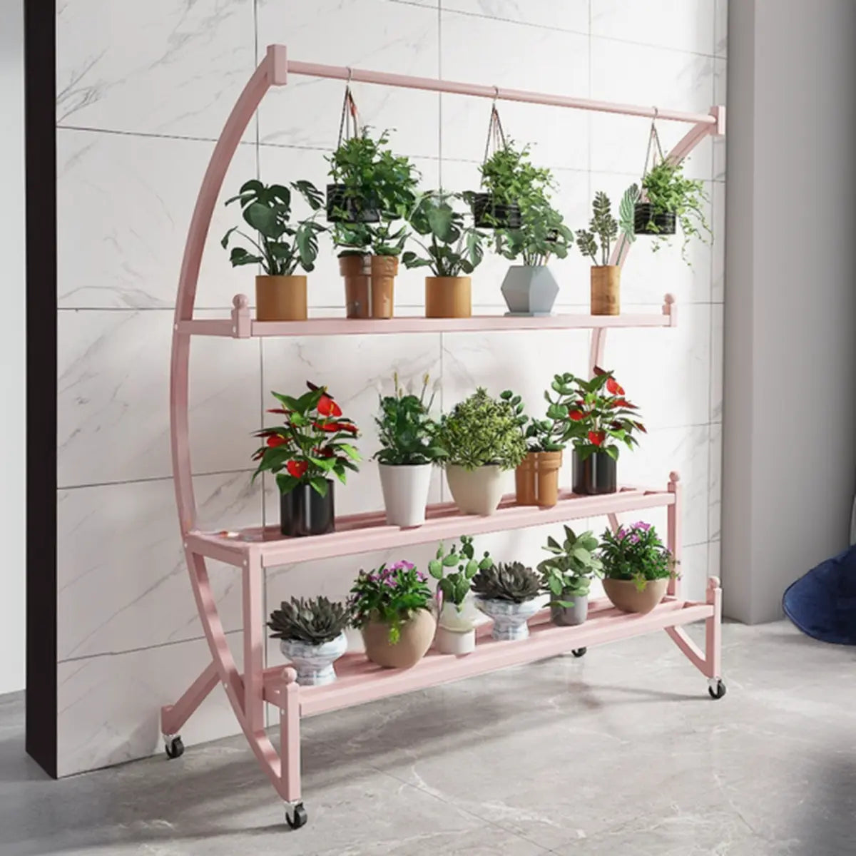 Arched Black Metal Sliding Indoor Plant Stand — Blue