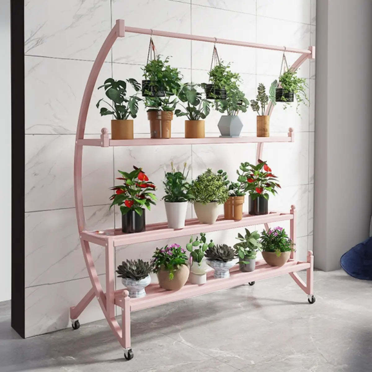 Arched Black Metal Sliding Indoor Plant Stand — Blue