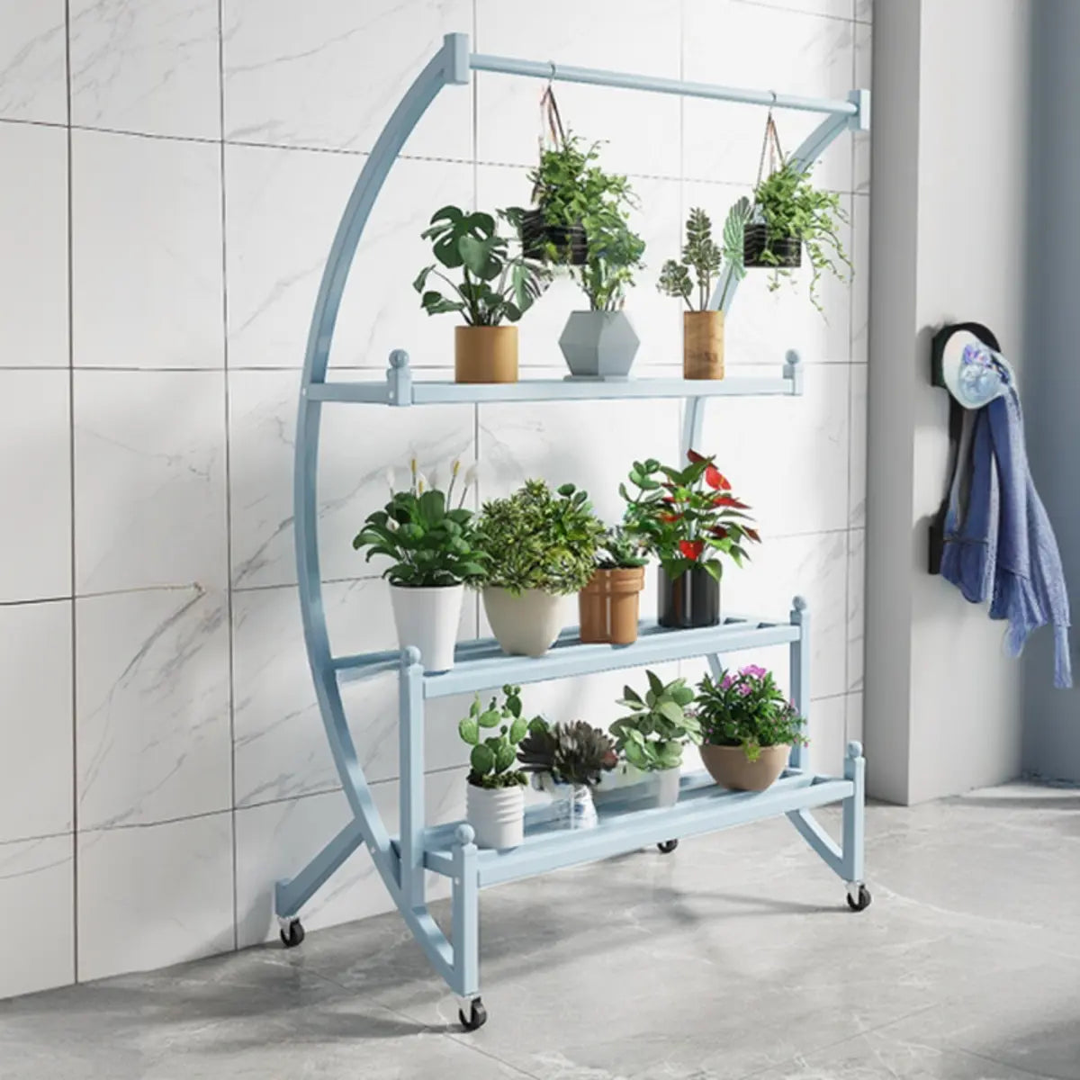 Arched Black Metal Sliding Indoor Plant Stand — Pink