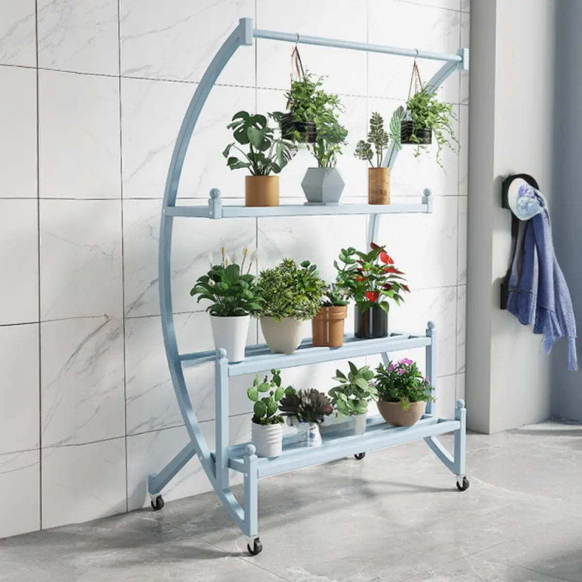 Arched Black Metal Sliding Indoor Plant Stand — Pink