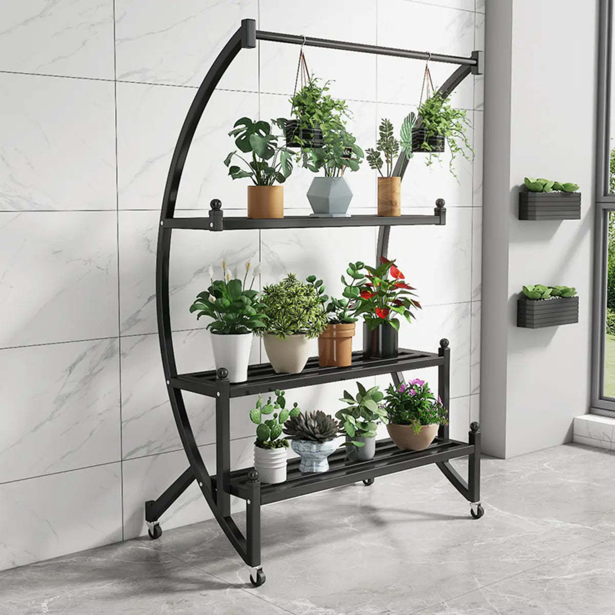 Arched Black Metal Sliding Indoor Plant Stand — Black