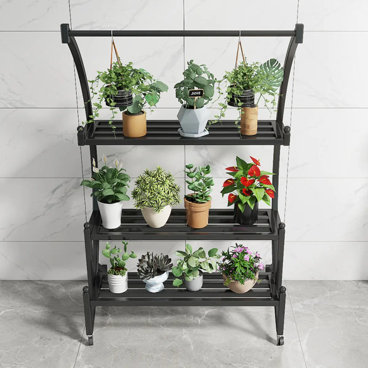 Arched Black Metal Sliding Indoor Plant Stand — Blue