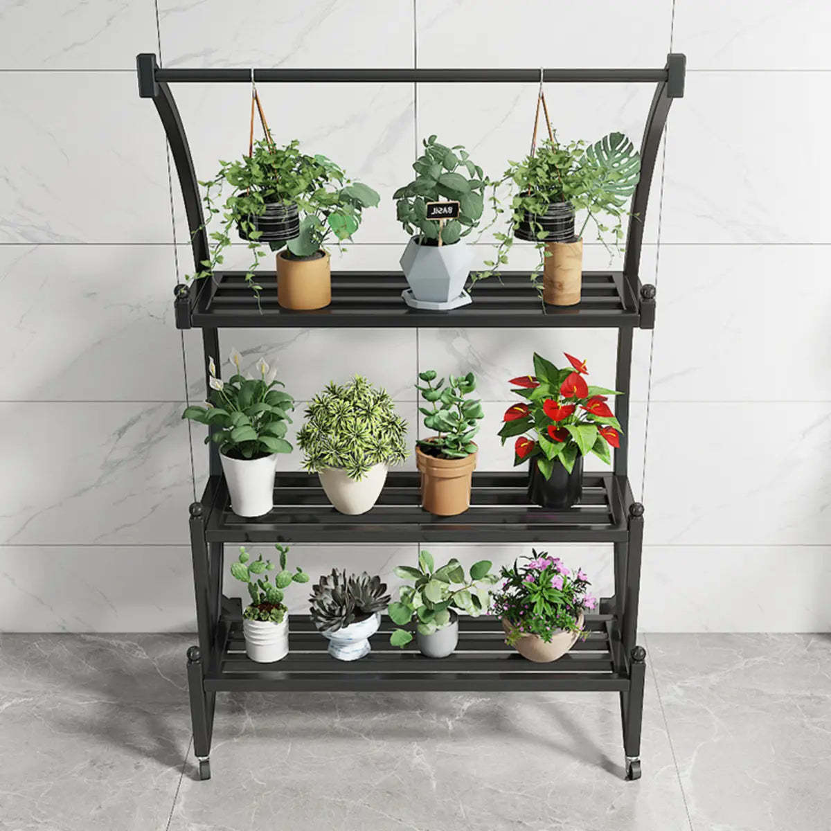 Arched Black Metal Sliding Indoor Plant Stand — Blue