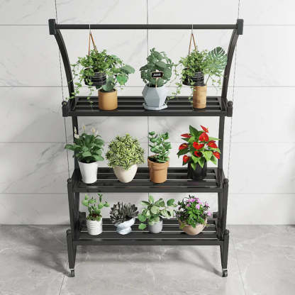Arched Black Metal Sliding Indoor Plant Stand — Blue