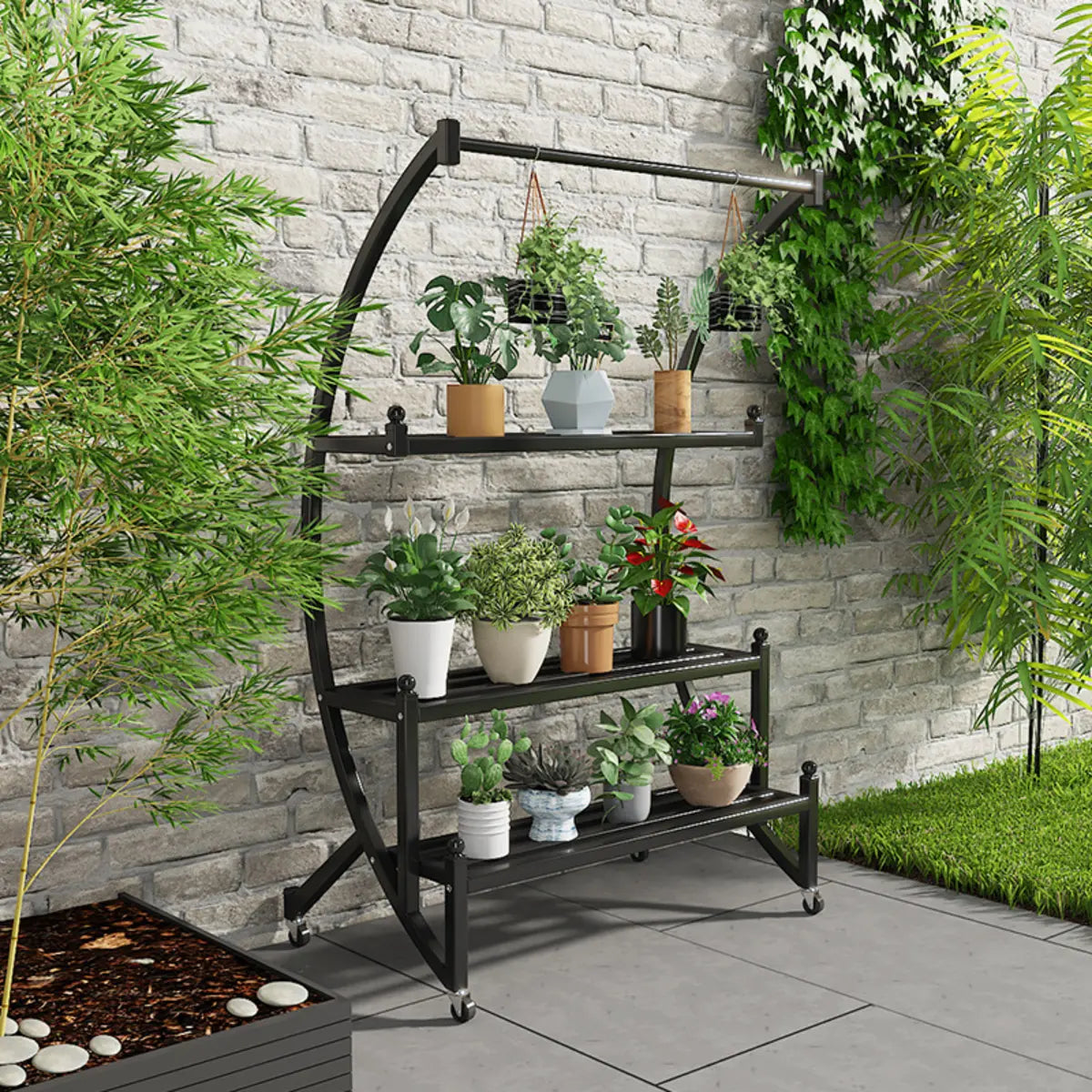 Arched Black Metal Sliding Indoor Plant Stand — Pink