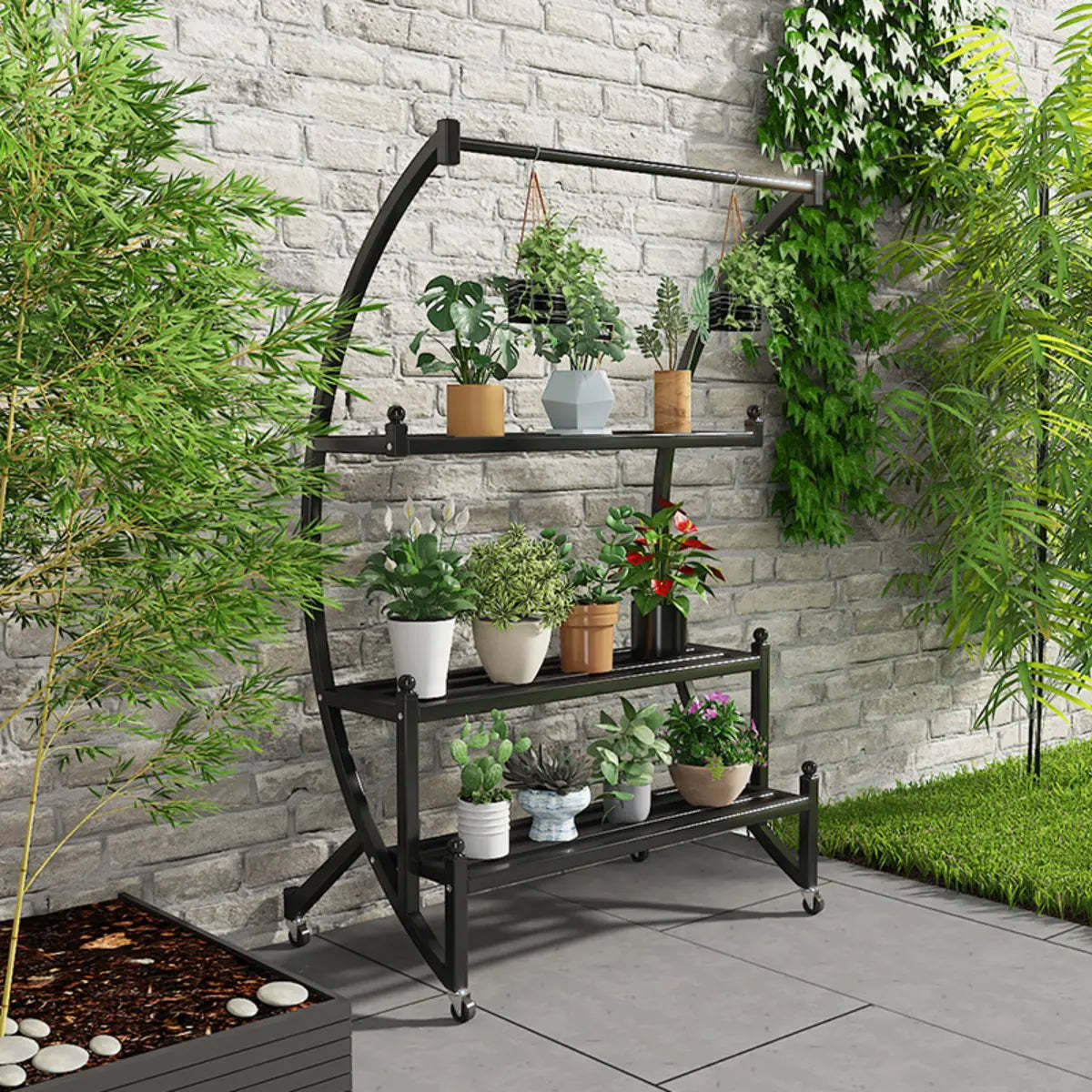 Arched Black Metal Sliding Indoor Plant Stand — Pink