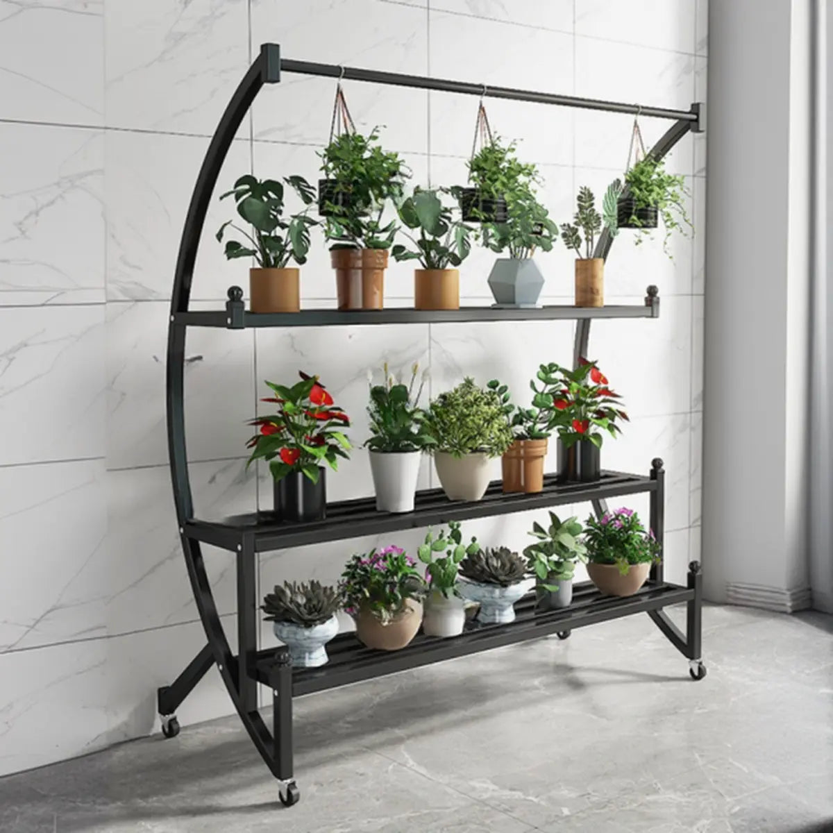 Arched Black Metal Sliding Indoor Plant Stand — Blue
