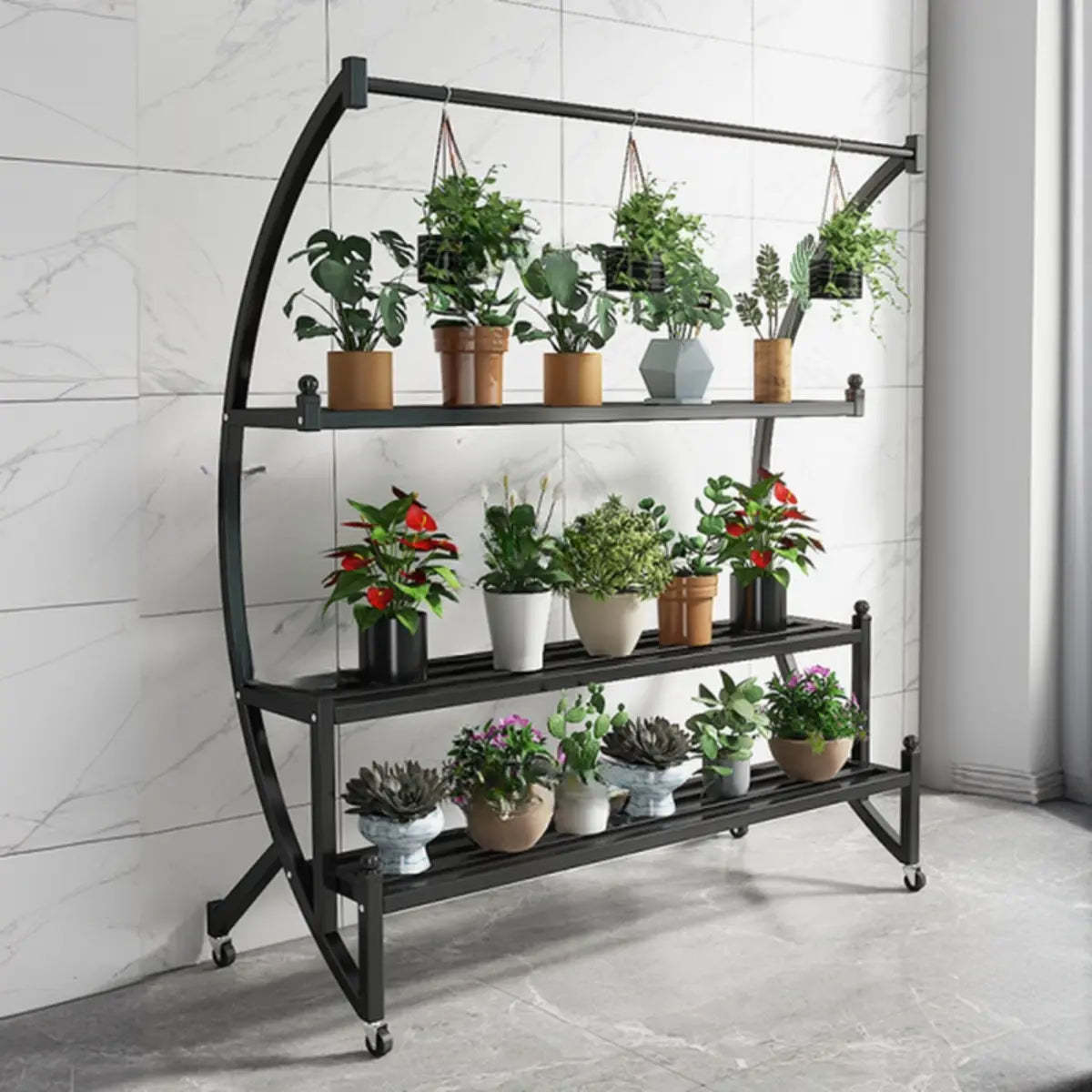 Arched Black Metal Sliding Indoor Plant Stand — Blue