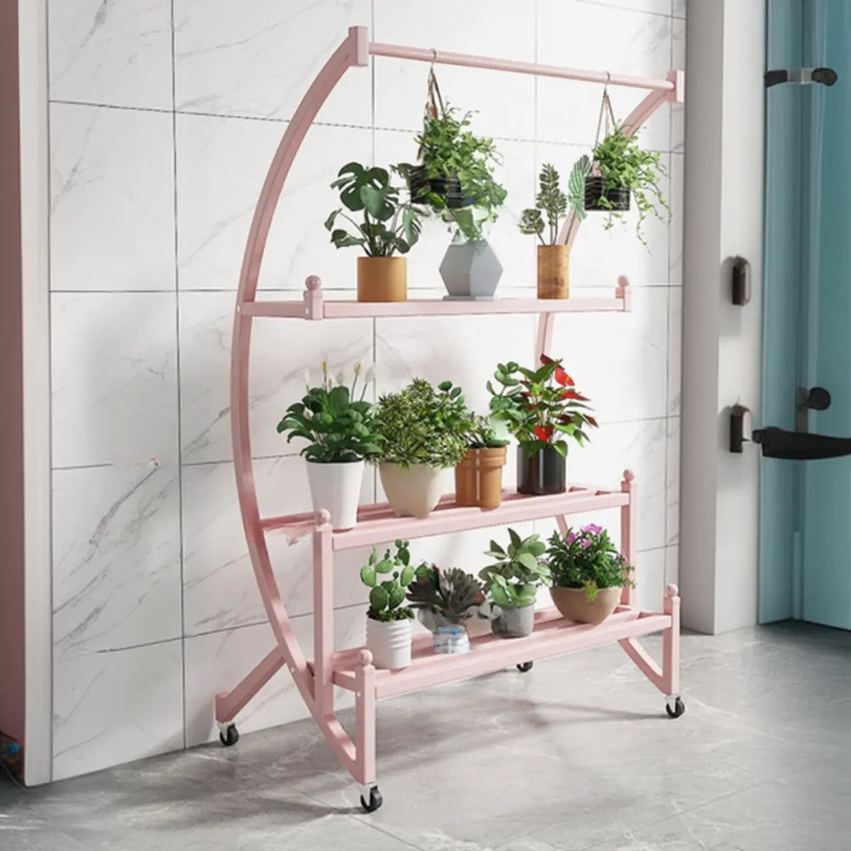 Arched Black Metal Sliding Indoor Plant Stand — Pink