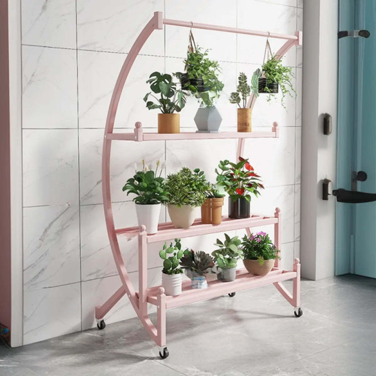 Arched Black Metal Sliding Indoor Plant Stand — Pink