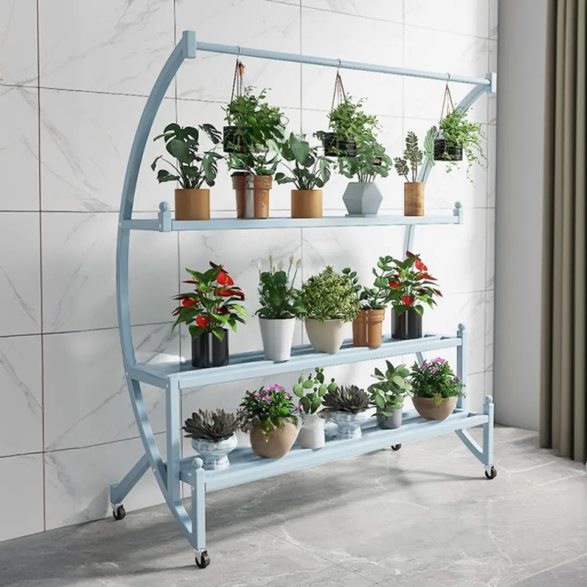 Arched Black Metal Sliding Indoor Plant Stand — White