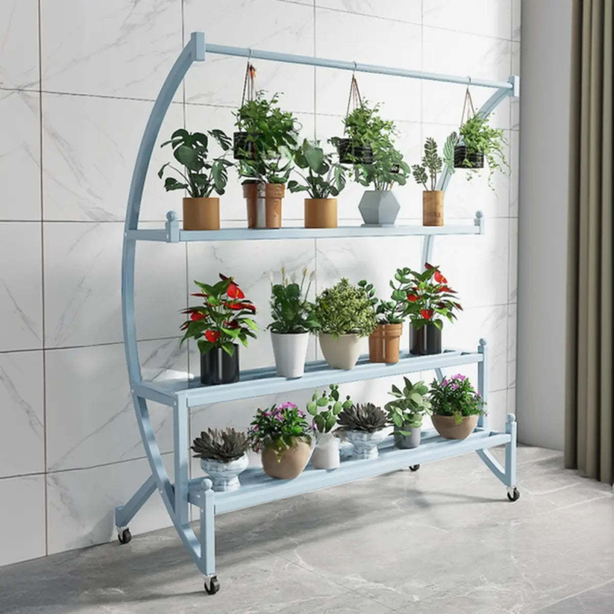 Arched Black Metal Sliding Indoor Plant Stand — White