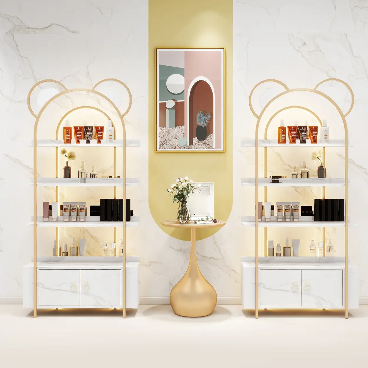 Arched Gold Metal Open Floor Display Cabinet