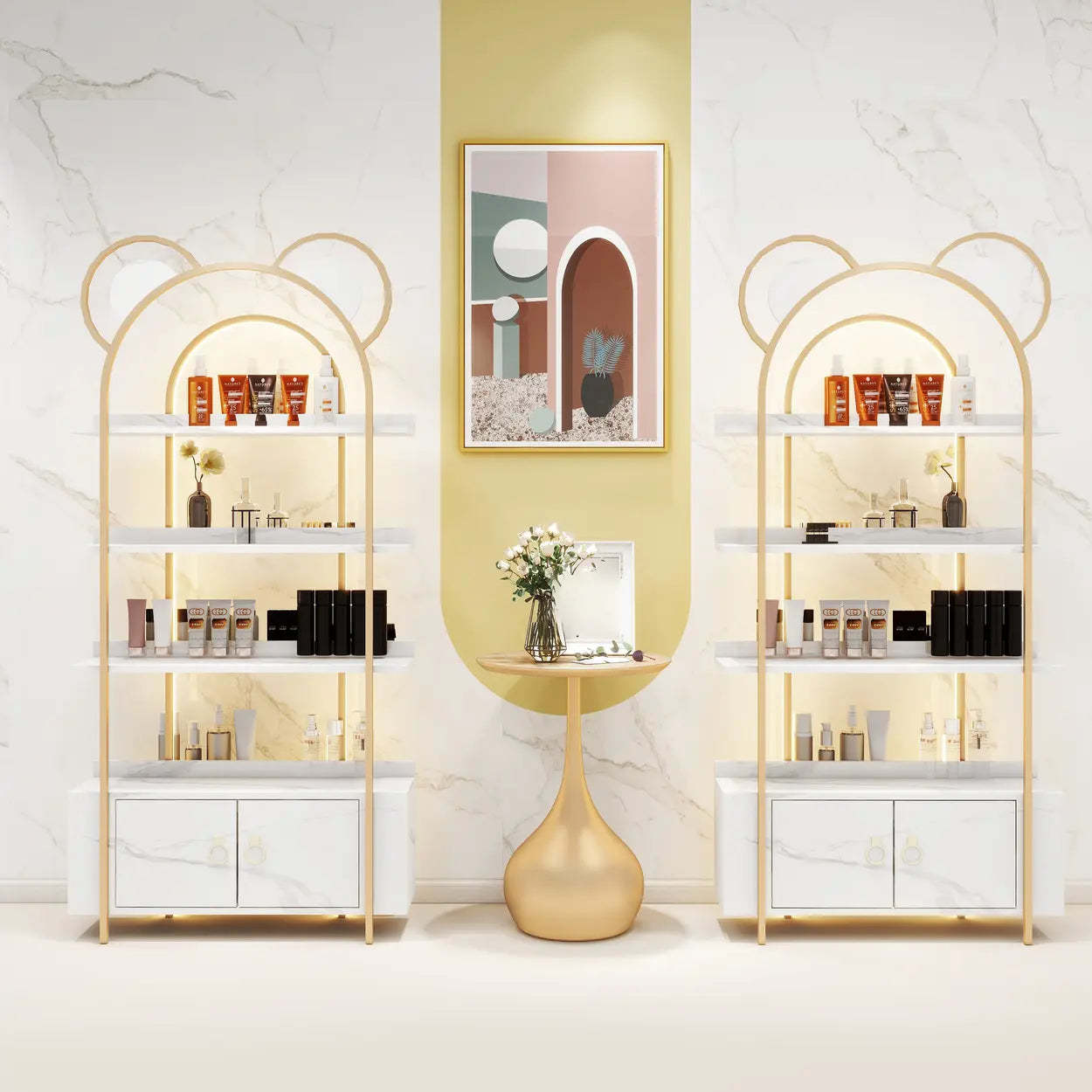Arched Gold Metal Open Floor Display Cabinet — Black / 1