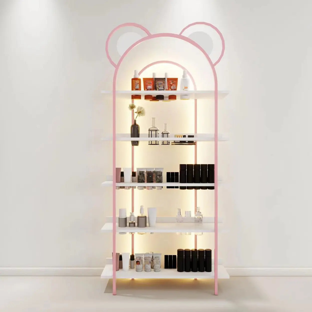 Arched Gold Metal Open Floor Display Cabinet — Blue / 1