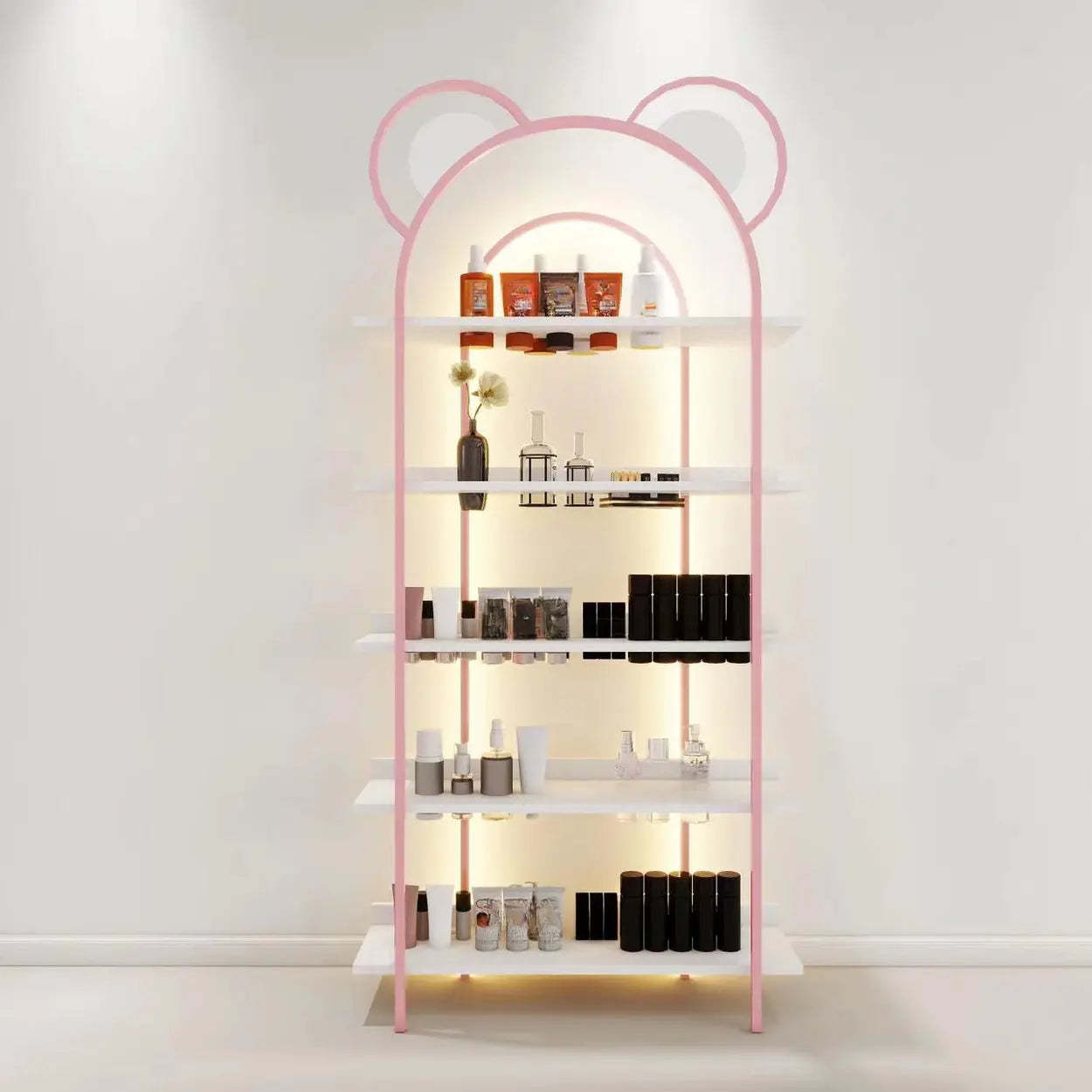 Arched Gold Metal Open Floor Display Cabinet — Blue / 1
