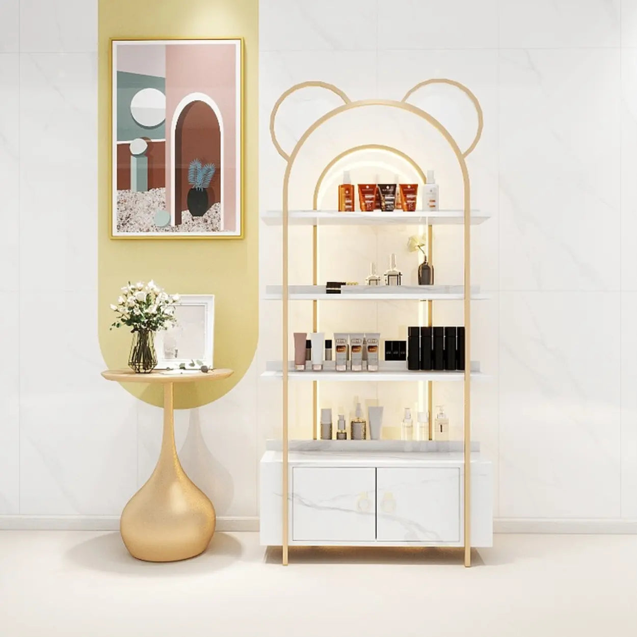 Arched Gold Metal Open Floor Display Cabinet — Black / Cabinet Not Included