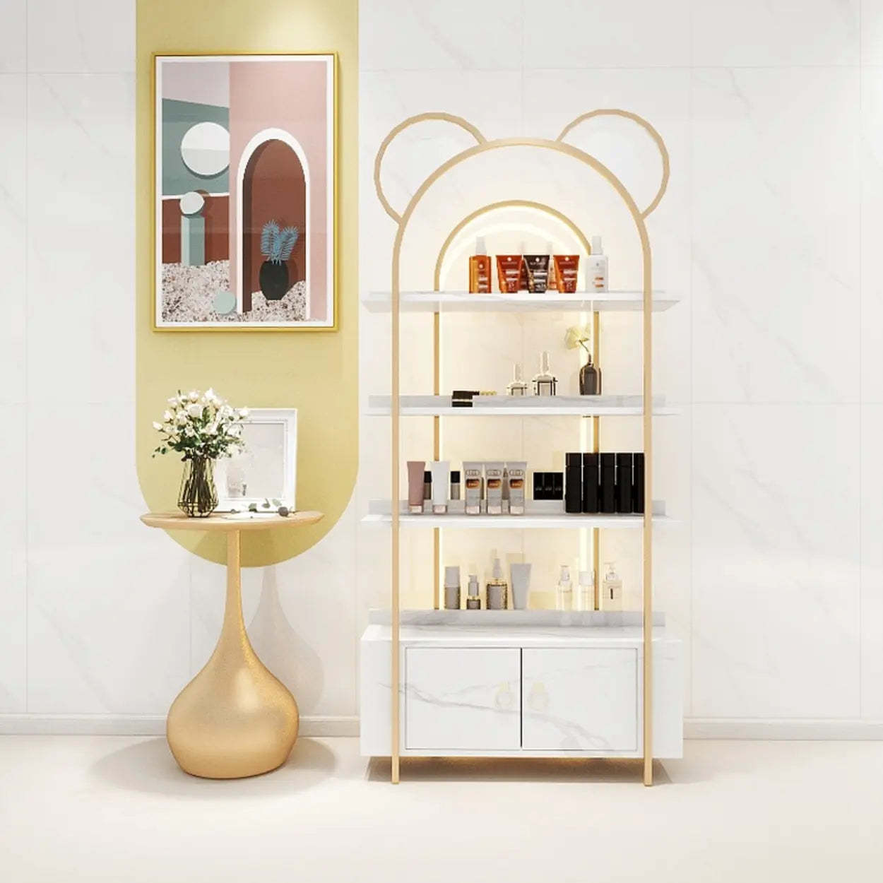 Arched Gold Metal Open Floor Display Cabinet — Black / Cabinet Not Included