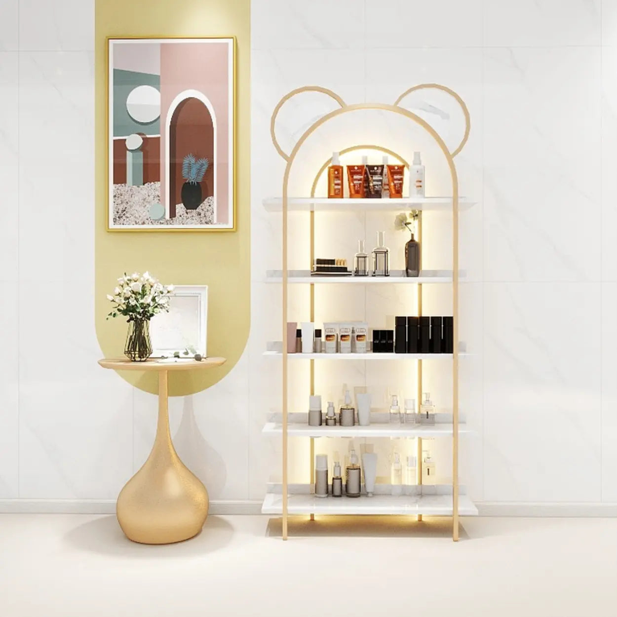 Arched Gold Metal Open Floor Display Cabinet — Blue / 1