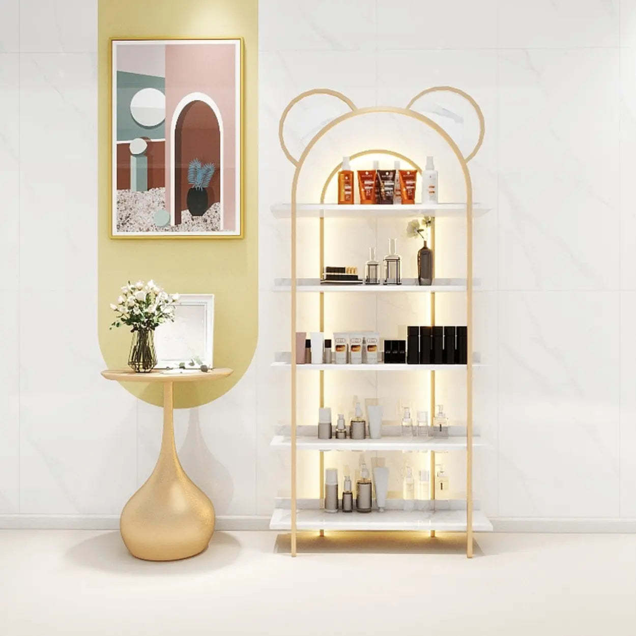 Arched Gold Metal Open Floor Display Cabinet — Blue / 1