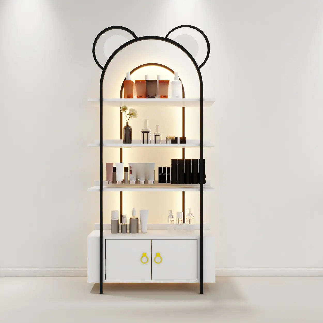 Arched Gold Metal Open Floor Display Cabinet — Pink / 1