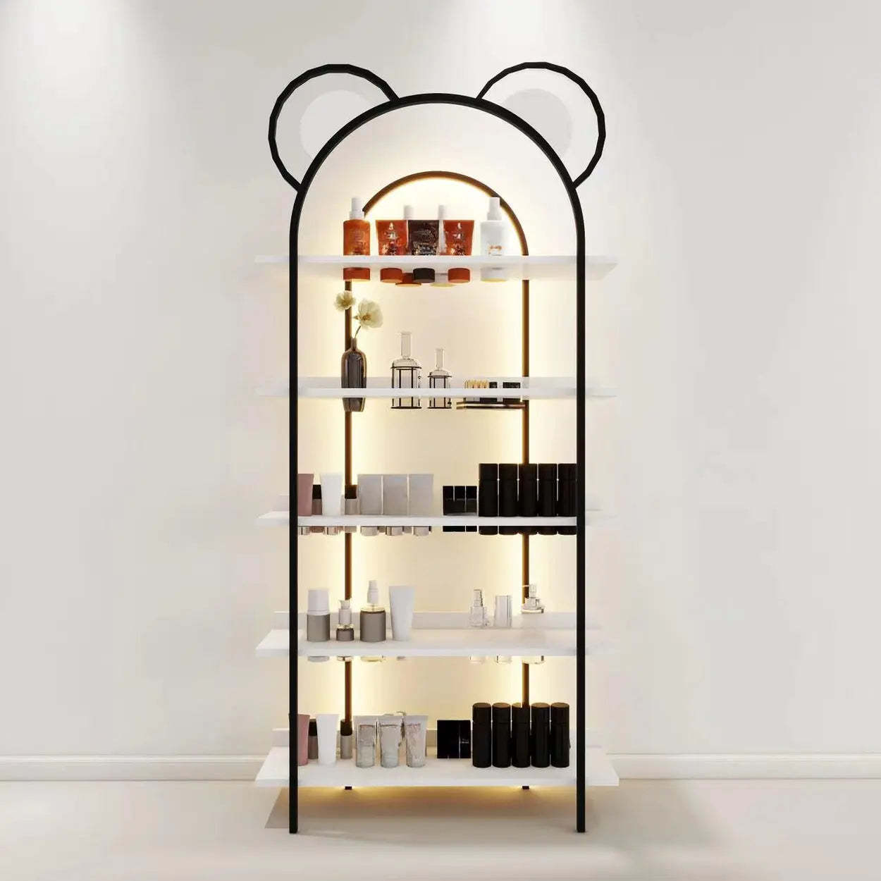 Arched Gold Metal Open Floor Display Cabinet — Gold / 1