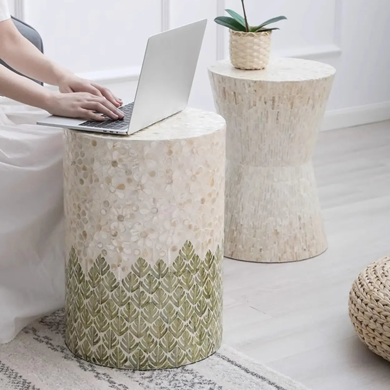 Bohemian White-Green Drum Shell Wood End Table