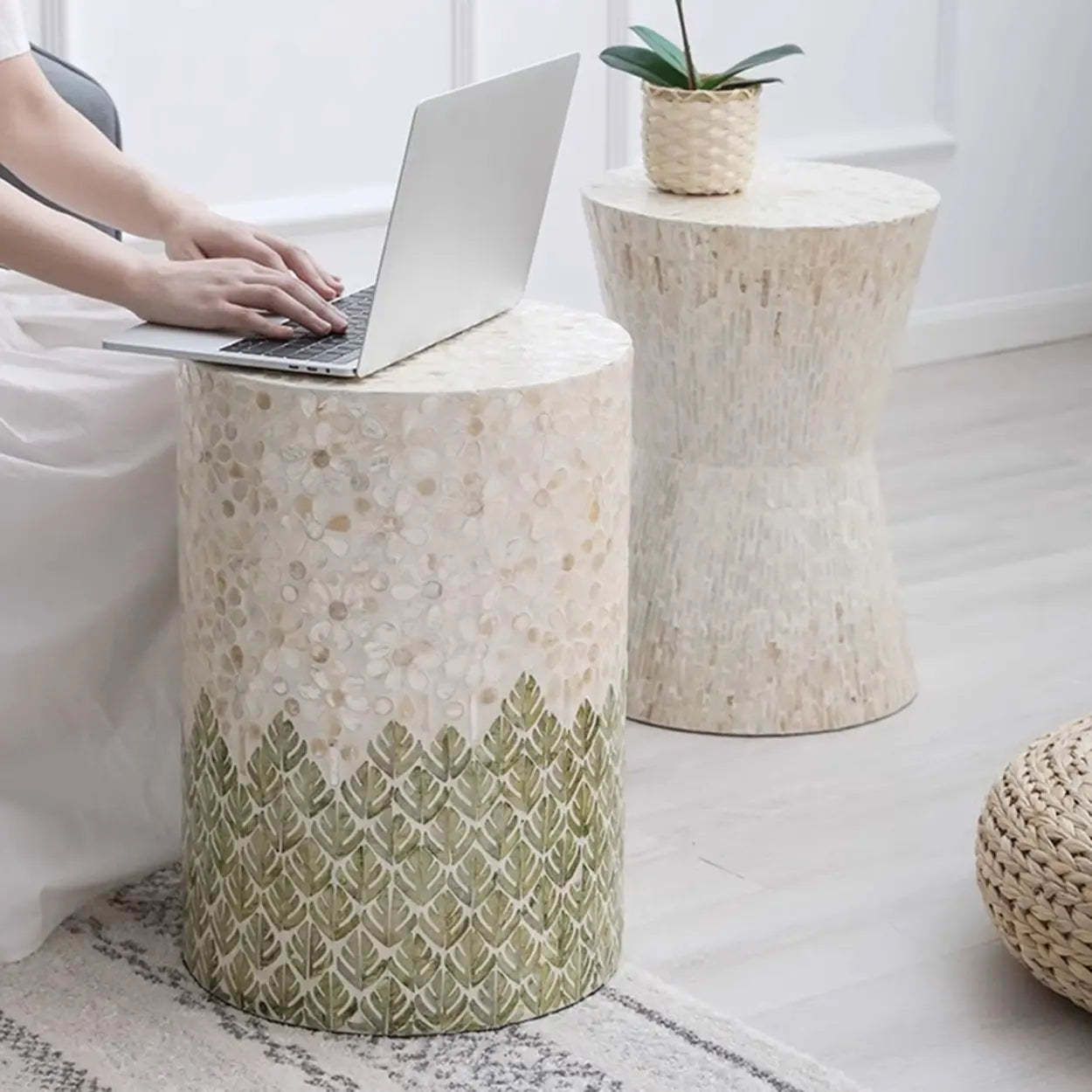 Bohemian White-Green Drum Shell Wood End Table — Multi-Color