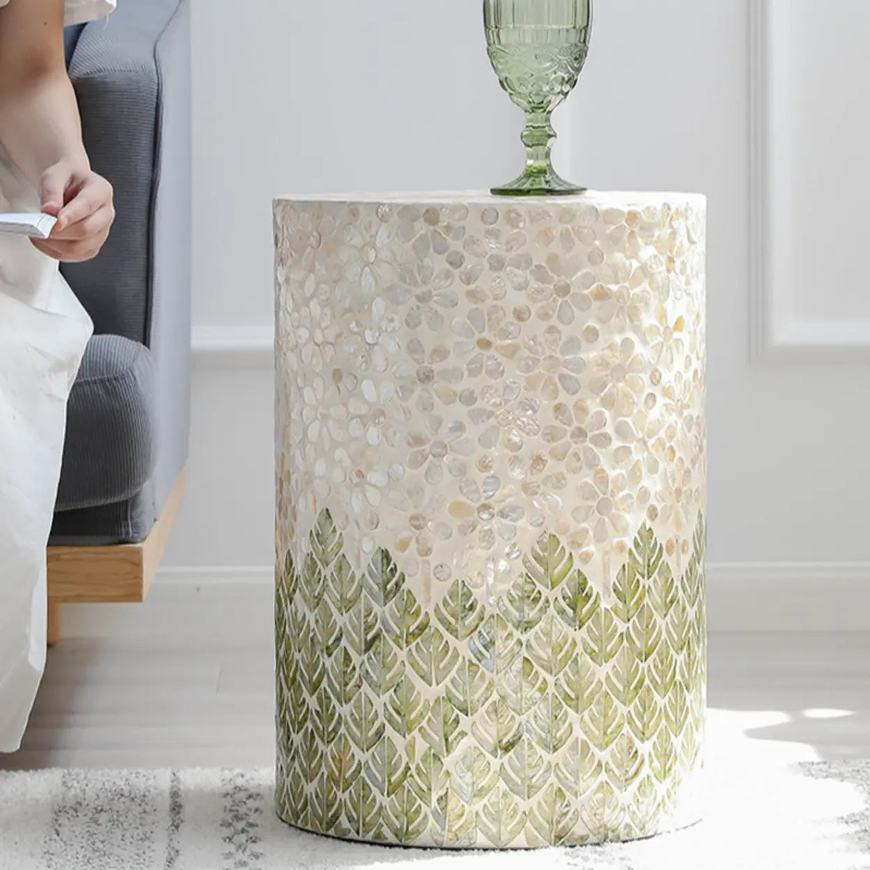 Bohemian White-Green Drum Shell Wood End Table