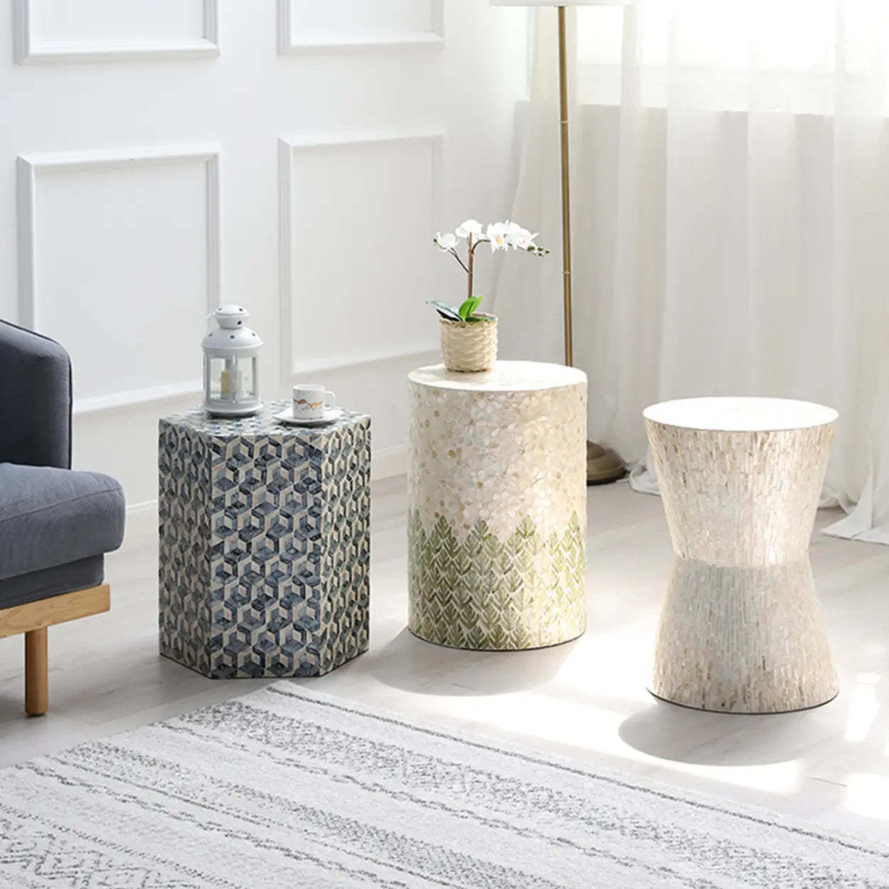 Bohemian White-Green Drum Shell Wood End Table