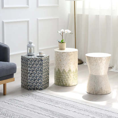 Bohemian White-Green Drum Shell Wood End Table