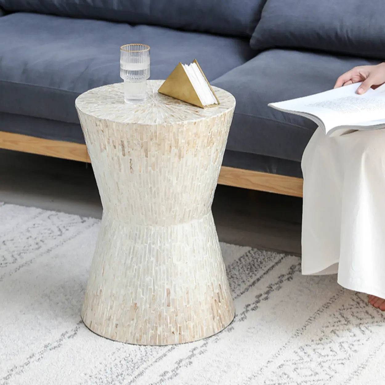 Bohemian White-Green Drum Shell Wood End Table
