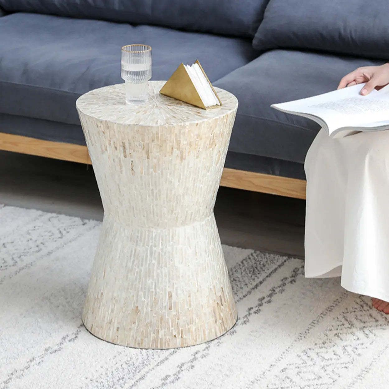 Bohemian White-Green Drum Shell Wood End Table