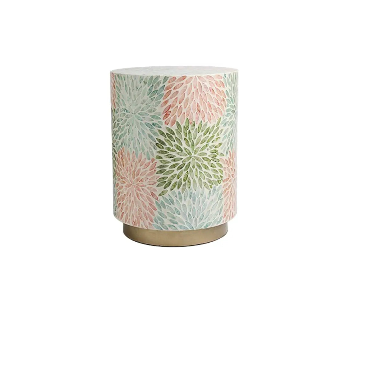 Bohemian White-Green Drum Shell Wood End Table — White
