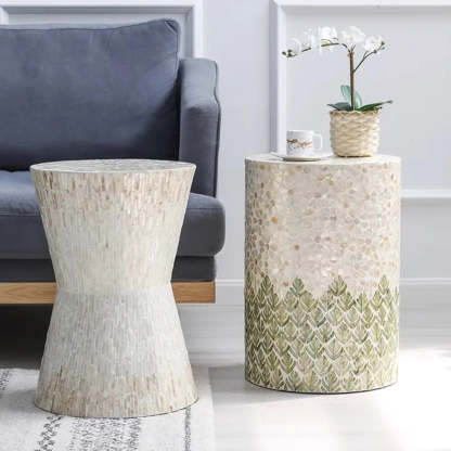 Bohemian White-Green Drum Shell Wood End Table — Green-White
