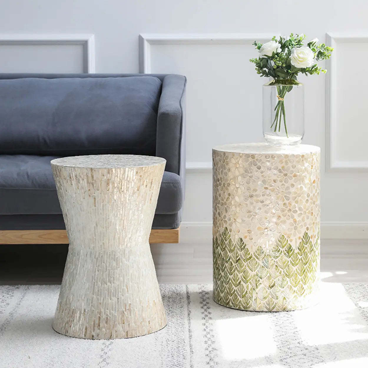 Bohemian White-Green Drum Shell Wood End Table