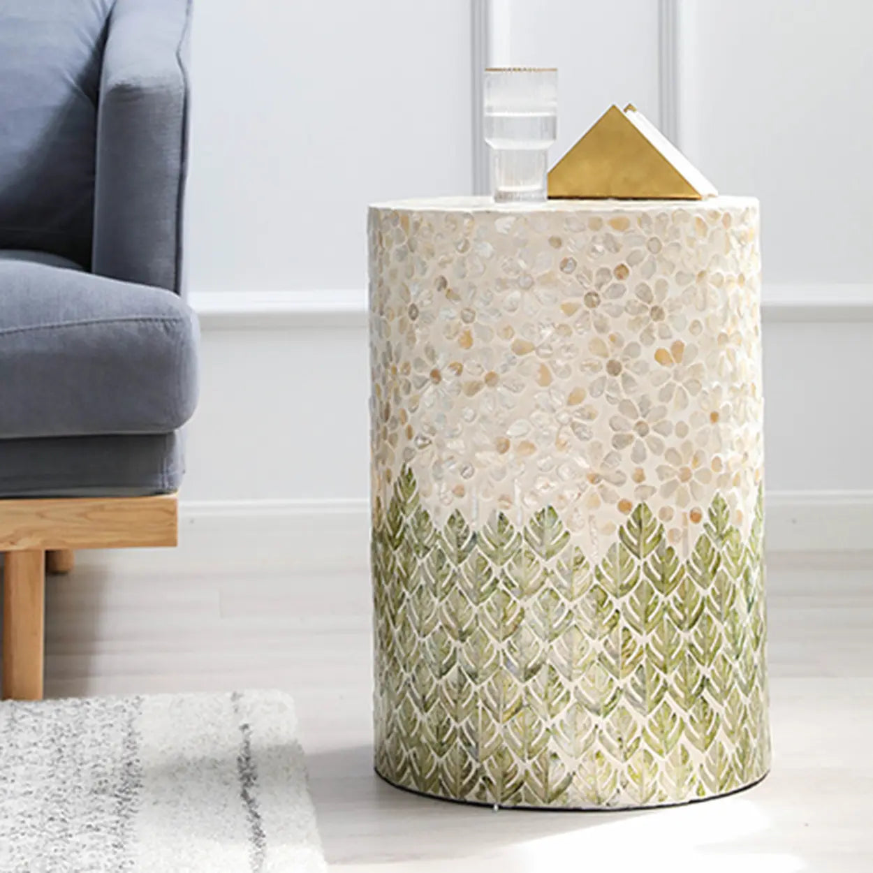Bohemian White-Green Drum Shell Wood End Table