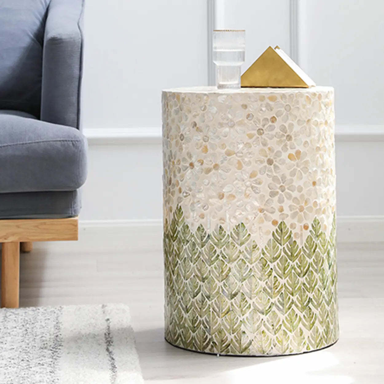 Bohemian White-Green Drum Shell Wood End Table