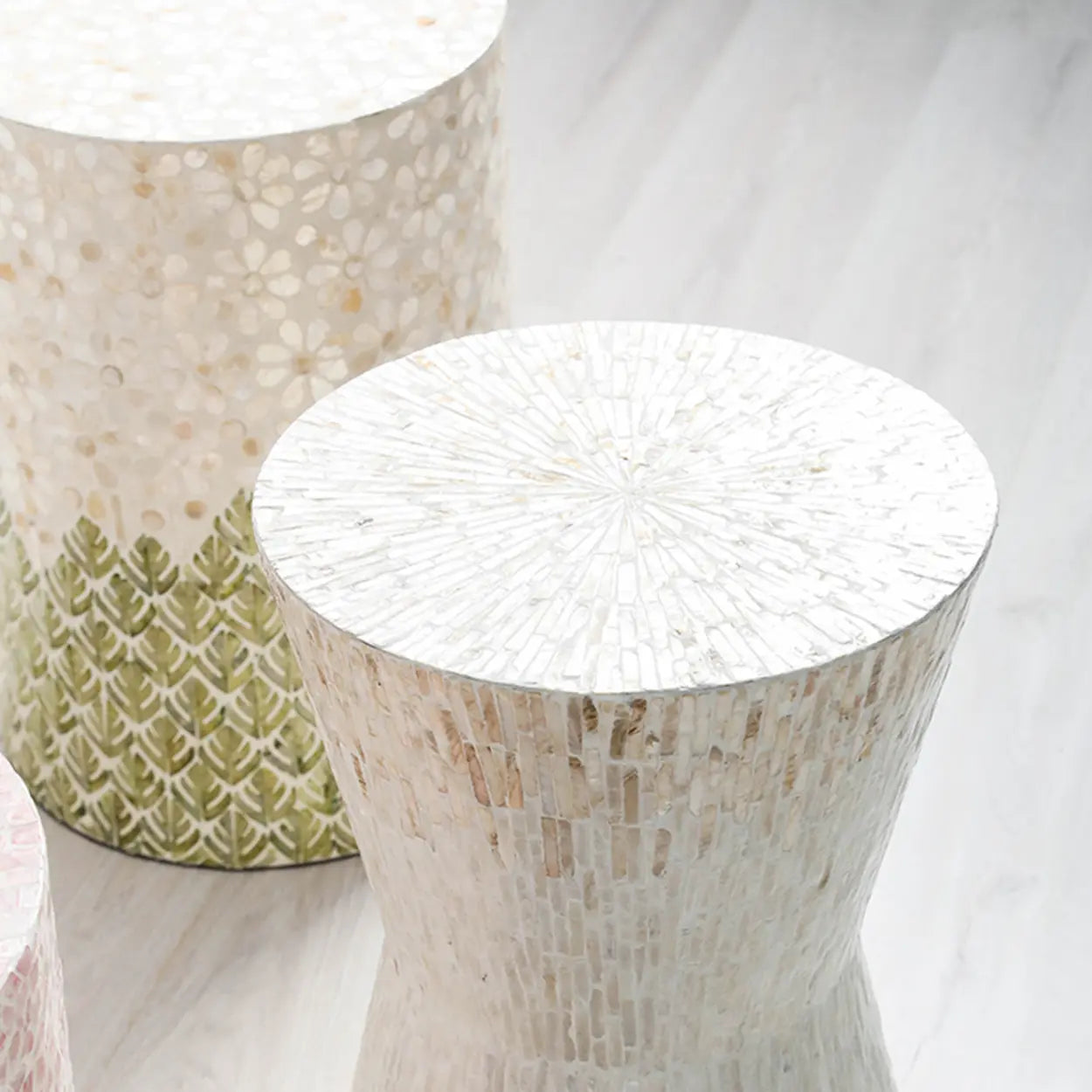 Bohemian White-Green Drum Shell Wood End Table