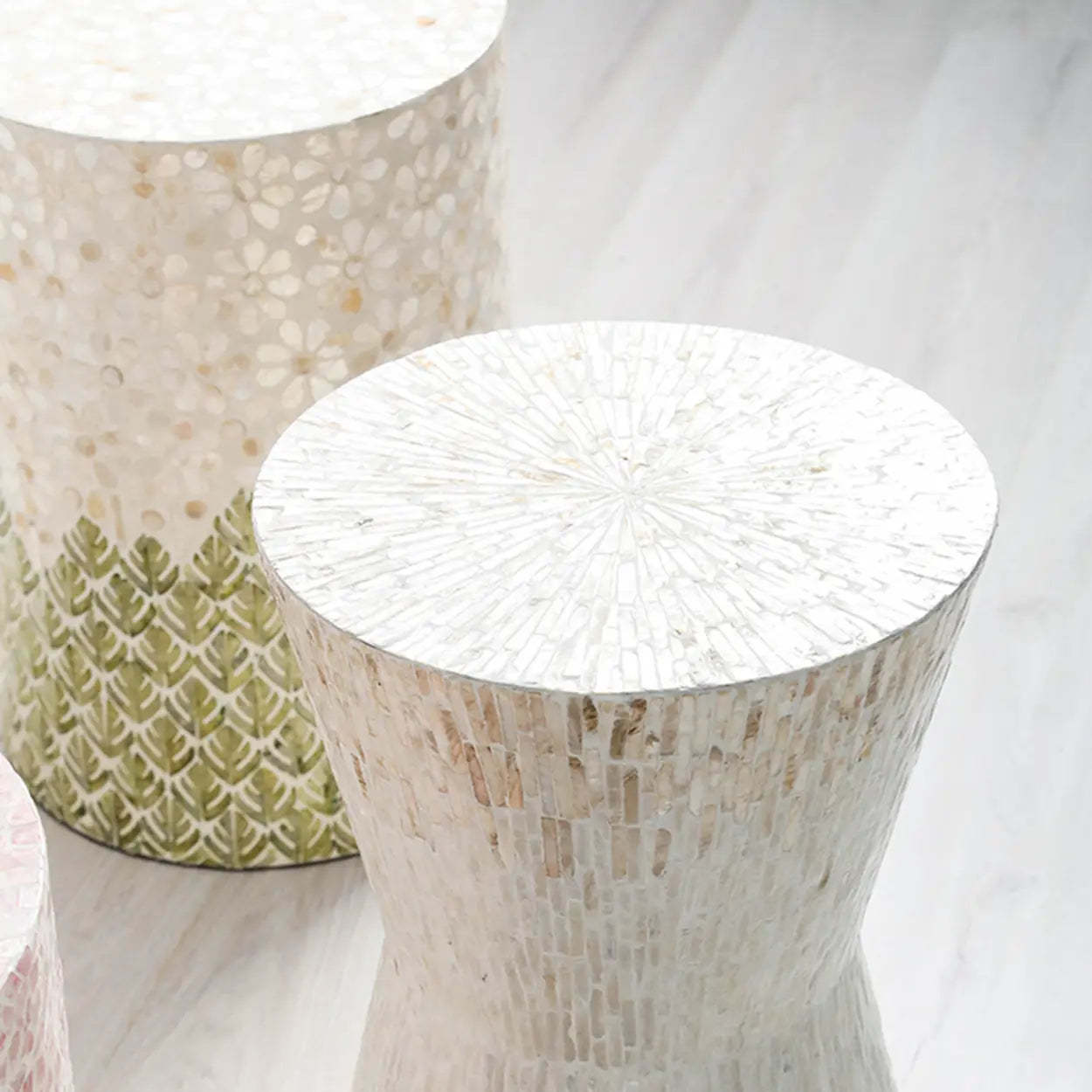 Bohemian White-Green Drum Shell Wood End Table