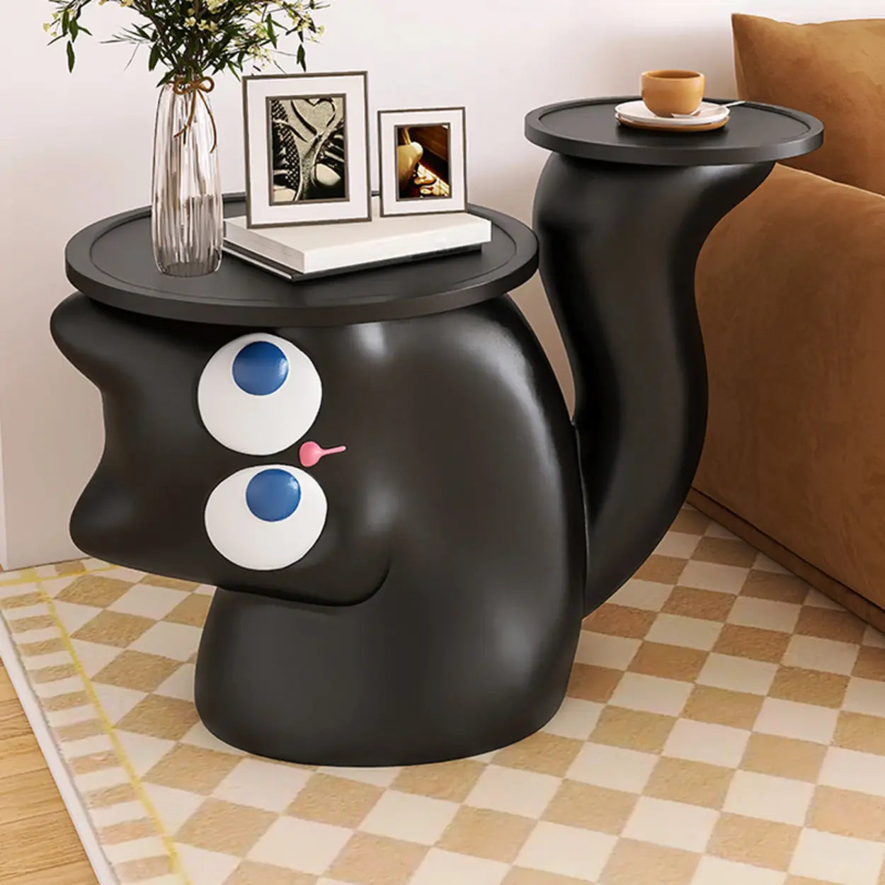 Black Cat-Shaped Resin Circular End Table — Black