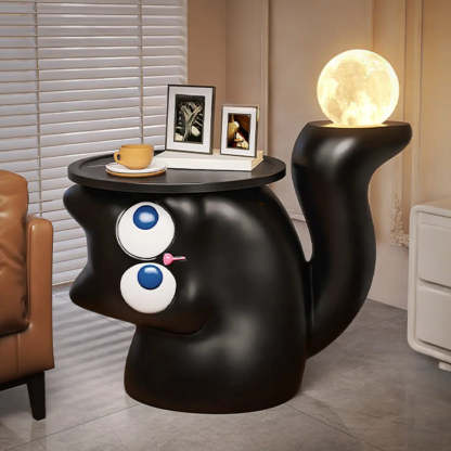 Black Cat-Shaped Resin Circular End Table — Gloss Black