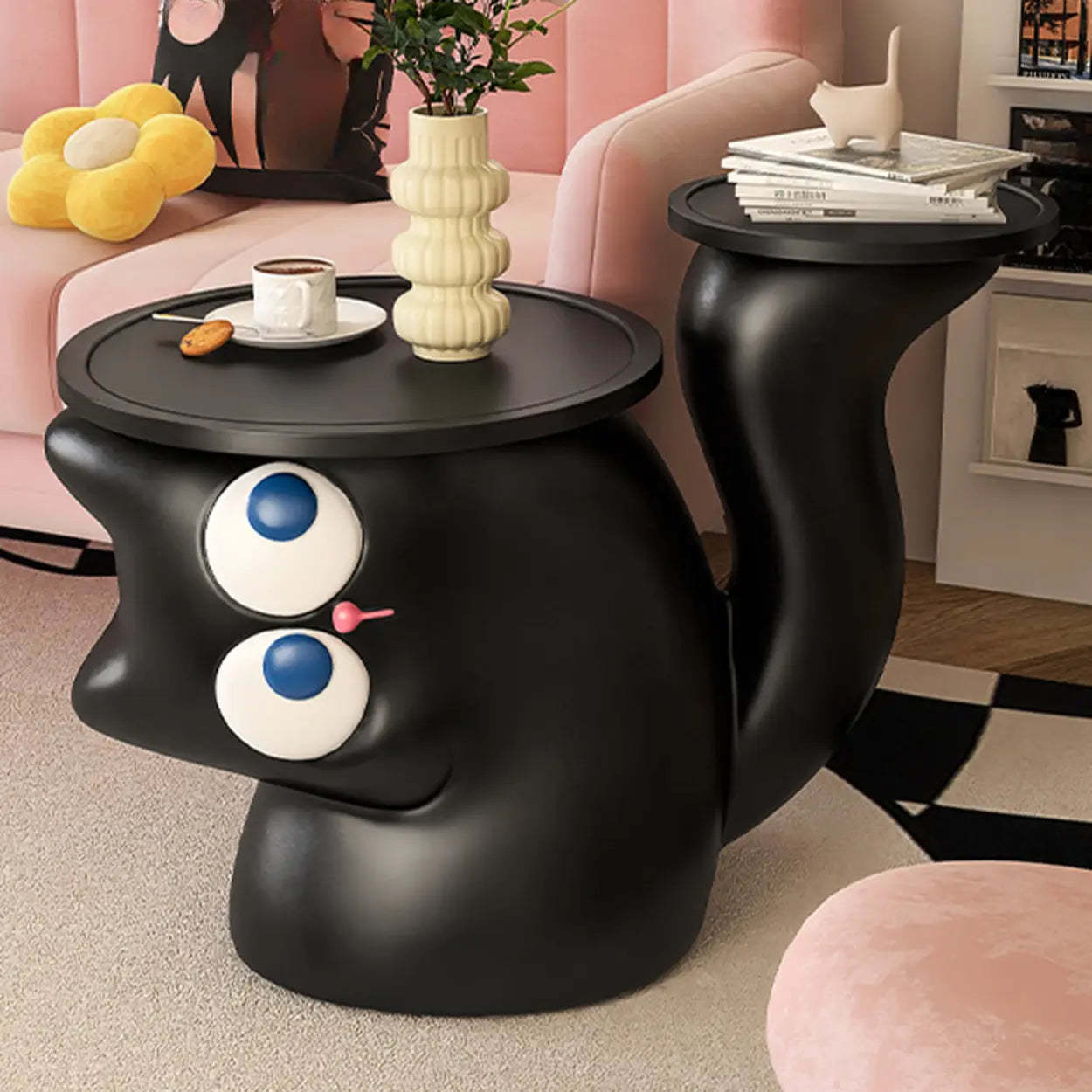 Black Cat-Shaped Resin Circular End Table — White