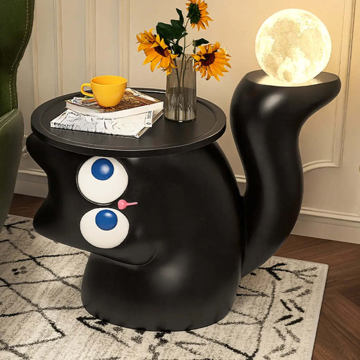 Black Cat-Shaped Resin Circular End Table